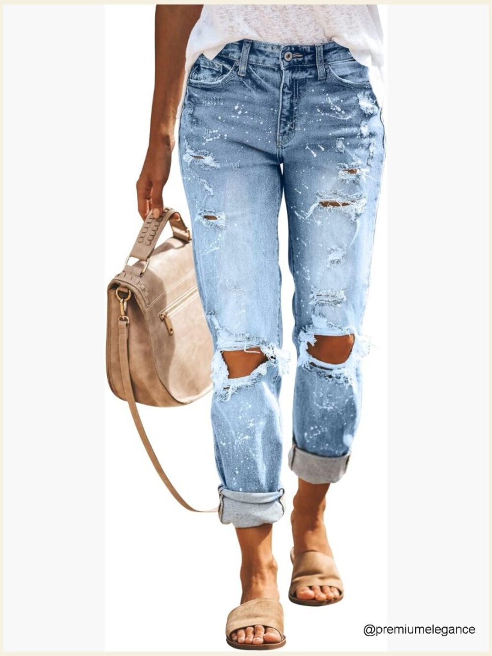 Ripped Mid Waisted Boyfriend Jeans Loose Fit Distressed Stretchy Denim Pants